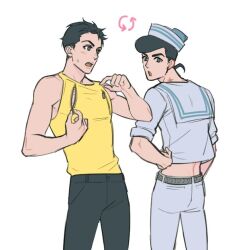2boys alternate_costume arrow_(symbol) birthmark black_hair cosplay costume_switch diamond_wa_kudakenai dixie_cup_hat earrings green_eyes hand_on_own_hip hat higashikata_josuke higashikata_josuke_(cosplay) higashikata_josuke_(jojolion) higashikata_josuke_(jojolion)_(cosplay) jewelry joestar_birthmark jojo_no_kimyou_na_bouken jojolion male_focus military_hat multiple_boys open_mouth pompadour reammara sailor sweatdrop tank_top white_background zipper