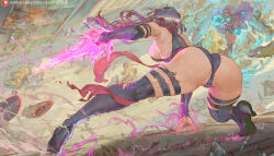 1boy 1girl arm_support ass aura bare_shoulders blue_footwear blue_leotard bodysuit boots breasts bridal_gauntlets cape cutesexyrobutts detached_sleeves energy energy_blade energy_sword glowing high_heel_boots high_heels highleg highleg_leotard highres huge_ass large_breasts leotard long_hair magnetism magneto marvel partially_visible_vulva psylocke purple_hair red_bodysuit revealing_clothes sash shiny_skin solo_focus squatting superhero_costume sword thigh_boots weapon wide_hips x-men