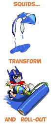 1boy autobot cosplay english_text helmet ink inkling inkling_boy inkling_player_character izra nintendo optimus_prime optimus_prime_(cosplay) paint_roller shirt shoes shorts simple_background sneakers splat_roller_(splatoon) splatoon_(series) splatoon_1 squid t-shirt transformers transformers:_generation_1