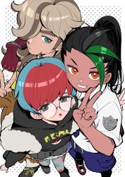 1boy 2girls arm_around_shoulder arven_(pokemon) backpack bag black_eyes black_hair black_hoodie black_shoes black_shorts blue_hair blue_necktie blue_shorts brown_hair closed_mouth commentary dark-skinned_female dark_skin eevee_backpack fingerless_gloves from_above glasses gloves green_eyes green_hair grin hair_over_one_eye hood hoodie long_hair looking_at_another looking_at_viewer looking_to_the_side multiple_girls necktie nemona_(pokemon) nintendo one_eye_covered orange_eyes orange_hair pantyhose parted_lips penny_(pokemon) poke_ball_print pokemon pokemon_sv polka_dot polka_dot_background ponytail print_hoodie print_pantyhose red_gloves red_hair red_shoes round_eyewear school_uniform see-through_clothes see-through_skirt shirt shoes short_hair shorts single_glove skirt smile standing takafumi_696 uva_academy_school_uniform v white_shirt