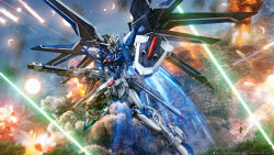 absurdres beam_rifle blue_eyes energy_gun exhaust explosion fire flying full_body glowing glowing_eyes gun gundam gundam_seed gundam_seed_freedom highres holding holding_gun holding_weapon laser legs_apart lolicon_(lolicon42051636) looking_at_viewer mecha mechanical_wings missile mobile_suit mountain no_humans outdoors photoshop_(medium) rising_freedom_gundam robot science_fiction shield smoke sparks tree v-fin war weapon wings