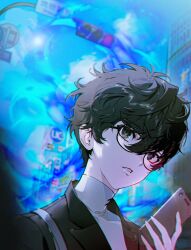 1boy absurdres amamiya_ren black_eyes black_hair black_jacket blazer cellphone close-up distortion eye_reflection glasses highres holding holding_phone jacket male_focus parted_lips persona persona_5 phone reflection shirt short_hair sign smartphone solo themoonrabbit traffic_light turtleneck turtleneck_shirt white_shirt white_undershirt
