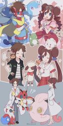+_+ 1boy 1girl 343rone :d :q absurdres alcremie black_footwear blue_eyes brown_hair closed_eyes coat commentary_request creatures_(company) crossed_arms double_bun dress drill_hair food game_freak gen_2_pokemon gen_6_pokemon gen_7_pokemon gen_8_pokemon glasses gloves grey_pants hair_bun hand_up high_heels highres holding holding_food iron_bundle ledian nate_(pokemon) nintendo on_head open_mouth palafin palafin_(hero) palafin_(zero) pants pink_dress pink_shoes pokemon pokemon_(creature) pokemon_bw2 pokemon_on_head pokestar_studios rockruff rosa_(pokemon) scream_tail shoes smeargle smile standing substitute_(pokemon) swirlix tongue tongue_out twin_drills white_coat white_gloves