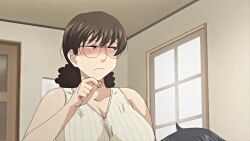 1girl 2020 20s animated animated_gif blush breasts curly_hair glasses hitozuma_mitsu_to_niku housewife implied_cunnilingus large_breasts mature_female obasan_(hitozuma_mitsu_to_niku) ponytail queen_bee_(animation_studio) sweat tagme vest