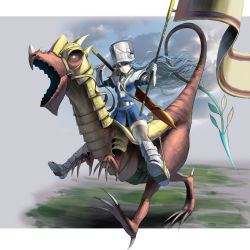 1girl armor armored_boots armored_dress belt blue_dress blue_eyes blue_hair boots cloud cloudy_sky day dinosaur dragon dress fantasy female_focus flag full_body gauntlets grey_thighhighs helmet highres juliet_sleeves kouno_(masao) long_hair long_sleeves matching_hair/eyes md5_mismatch metal_gloves military military_uniform original puffy_sleeves riding riding_dinosaur saddle sky solo sword thighhighs very_long_hair weapon zettai_ryouiki