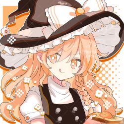 Rule 34 | 1girl, :q, black hat, black vest, blonde hair, bow, braid, bread, bright pupils, closed mouth, commentary request, egg (food), flower symbol, food, frilled hat, frills, hair between eyes, hair bow, hat, hat bow, highres, holding, holding food, kirisame marisa, long hair, looking at viewer, outline, puffy short sleeves, puffy sleeves, shirocha tei, shirt, short sleeves, single braid, smile, solo, tongue, tongue out, touhou, turtleneck, turtleneck shirt, twitter username, upper body, vest, white bow, white outline, white shirt, witch hat, yellow eyes