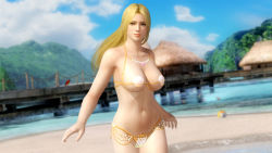 1girl 3d ball beach blonde_hair blue_eyes breasts cleavage dead_or_alive dead_or_alive_5 female_focus helena_douglas large_breasts long_hair midriff navel ocean official_art shell shell_bikini solo swimsuit tecmo underboob