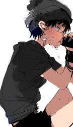 1boy alternate_costume animification arm_up beanie black_gloves black_hair black_hat black_shirt black_shorts blue_eyes blush bracelet cross cross_earrings earrings feet_out_of_frame fingerless_gloves from_side gloves hat jewelry k3vccitq knees_up male_focus open_mouth piercing pom_pom_(clothes) shirt short_hair short_sleeves shorts simple_background solo south_park stan_marsh sweat t-shirt teeth unfinished very_sweaty white_background