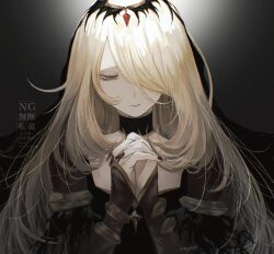 1girl black_choker black_dress blonde_hair breasts choker closed_eyes closed_mouth cynthia_(pokemon) cynthia_(sygna_suit)_(renegade)_(pokemon) dress eyelashes hair_ornament hair_over_one_eye hand_up highres kagi0487_(weiss_9610) long_hair long_sleeves looking_at_viewer nintendo official_alternate_color official_alternate_costume pokemon pokemon_masters_ex praying smile solo tiara very_long_hair