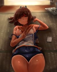 10s 1girl absurdres bad_id bad_nijie_id breasts brown_eyes brown_hair female_focus firebeat_(foxtrot) foxtrot hair_ornament hairclip hand_fan highres i-401_(kancolle) kantai_collection long_hair lying name_tag nipples notepad on_back one-piece_swimsuit one-piece_tan ponytail sailor_collar school_swimsuit short_ponytail small_breasts solo strap_slip swimsuit swimsuit_under_clothes tan tanline tatami undressing