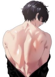 Rule 34 | 1boy, back, back focus, black hair, character request, closed mouth, commentary, copyright request, earrings, english commentary, highres, jewelry, looking at viewer, looking back, ma mori74, male focus, muscular, muscular male, shiny skin, short hair, simple background, solo, teeth, undressing, upper body, white background