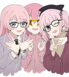 3girls :d ;d bang_dream! bang_dream!_it&#039;s_mygo!!!!! black-framed_eyewear blazer blunt_bangs bocchi_the_rock! brown_sweater cardigan chihaya_anon collared_shirt color_connection commentary crossover diagonal-striped_clothes diagonal-striped_necktie dress_shirt fang girls_band_cry glasses gotoh_hitori green_necktie grey_eyes grey_jacket hair_color_connection haneoka_school_uniform highres hina_(girls_band_cry) jacket long_hair long_sleeves looking_at_viewer medium_hair multiple_crossover multiple_girls necktie one_eye_closed open_mouth pink_jacket red_cardigan school_uniform shirt simple_background skin_fang smile star-shaped_eyewear star_(symbol) striped_clothes sunglasses sweater tatama track_jacket trait_connection turtleneck turtleneck_sweater twintails white_background white_shirt winter_uniform yellow-framed_eyewear