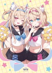 Rule 34 | 2girls, ;d, animal ear fluff, animal ears, ayamy, bandaid, bandaid hair ornament, black choker, black sailor collar, blonde hair, blue bow, blue hair, blue hairband, bow, breasts, cheerleader, chest bow, choker, closed mouth, commentary request, crop top, cropped shirt, crossed bangs, dog ears, dog girl, dog tail, double-parted bangs, fang, fuwawa abyssgard, hair between eyes, hair ornament, hairband, hairclip, highleg, highleg panties, highres, holding, holding pom poms, hololive, hololive english, horn hairband, large breasts, long hair, looking at viewer, mococo abyssgard, multicolored hair, multiple girls, navel, one eye closed, open mouth, panties, panty straps, pink bow, pink eyes, pink hair, pink hairband, pleated skirt, pom pom (cheerleading), pom poms, sailor collar, shirt, short hair, siblings, sisters, skin fang, skirt, sleeveless, sleeveless shirt, smile, streaked hair, tail, twins, two side up, underwear, v, virtual youtuber, white shirt, x hair ornament