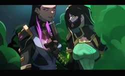 2girls animification black_bodysuit black_gloves black_hair bodysuit breasts colored_smoke dark-skinned_female dark_skin earrings fingerless_gloves gloves green_eyes gun hair_behind_ear hand_on_own_hip handgun highres holding holding_gun holding_weapon hoop_earrings jewelry kiliko-san letterboxed long_hair medium_breasts multicolored_hair multiple_girls parted_lips purple_hair reyna_(valorant) short_hair smoke streaked_hair valorant viper_(valorant) weapon