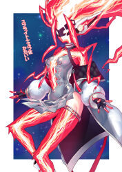 1girl absurdres bare_shoulders character_name clothing_cutout dress duel_monster enmo_takeshita feet_out_of_frame fiery_hair fingerless_gloves gloves highres jacket long_sleeves open_clothes open_jacket puffy_sleeves red_hair solo spright_elf stomach_cutout thigh_strap yu-gi-oh!
