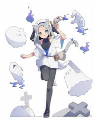 1girl @_@ animal_ears bare_shoulders black_pantyhose blue_eyes cat_ears cat_girl cat_tail full_body ghost grey_hair highres open_mouth original pa._(tatuya28001) pantyhose solo tail white_background