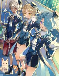 3boys animal arlan_(honkai:_star_rail) black_footwear blonde_hair blue_hair cat dark-skinned_male dark_skin dog gg_suyari gloves grey_hair hair_over_one_eye highres holding honkai:_star_rail honkai_(series) long_sleeves looking_at_viewer low_ponytail male_focus misha_(honkai:_star_rail) multiple_boys open_mouth peppy_(honkai:_star_rail) ponytail purple_eyes short_hair shorts standing white_gloves yanqing_(honkai:_star_rail) yellow_eyes