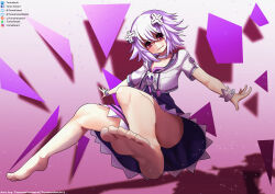 1girl absurdres angry artist_name barefoot choker commentary d-pad d-pad_hair_ornament feet hair_ornament highres hood hooded_jacket jacket jewelry legs neck_ring neptune_(neptunia) neptune_(series) no_shoes purple_eyes purple_hair short_hair soles solo tomodachi_(tomofanart) usb white_choker