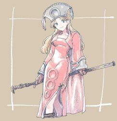 1girl blonde_hair blue_eyes breasts brown_background brown_footwear brown_gloves cropped_jacket cropped_legs dress final_fantasy final_fantasy_tactics gloves grey_headdress holding holding_staff jacket long_hair long_sleeves looking_at_viewer medium_breasts michibata_65 orator_(fft) parted_bangs pink_dress pink_jacket silver_trim smile solo staff tassel