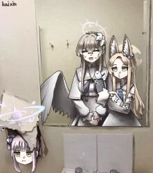 3girls absurdres animal_ear_fluff animal_ears bird blue_archive blue_necktie capelet closed_eyes dress feathered_wings forehead fox_ears hair_between_eyes hair_bun halo highres holding holding_phone kai_xin long_hair low_wings mika_(blue_archive) mirror_selfie multiple_girls nagisa_(blue_archive) necktie open_mouth parted_lips phone pink_hair pink_halo red_halo sailor_collar seia_(blue_archive) selfie shirt single_hair_bun sweat white_capelet white_dress white_sailor_collar white_shirt white_wings wings x_mouth yellow_eyes yellow_halo