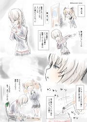 Rule 34 | 2girls, black hat, black jacket, black skirt, blue eyes, brown hair, commentary request, garrison cap, girls und panzer, girls und panzer phase erika, grey shirt, hair tie, hat, highres, itsumi erika, jacket, kuromorimine military uniform, kuromorimine school uniform, long hair, miniskirt, multiple girls, orange hair, red skirt, rou leila, school uniform, shirt, skirt, translation request, twintails, twitter username