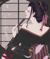 1girl black_hair black_kimono blue_eyes commentary falling_petals from_behind geisha hair_ornament hand_fan highres holding holding_fan japanese_clothes kanzashi kimono looking_back mino_(mii_mt) nico_robin nico_robin_(wano) obi one_piece petals pink_petals red_lips sash sidelocks solo upper_body
