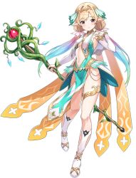1girl armpits bad_source bangle bare_hips blonde_hair blush boots bracelet breasts bridal_gauntlets choker clothing_cutout commentary_request detached_sleeves elf full_body game_cg gold_trim gradient_hair groin hair_between_eyes hair_ornament hair_tie highleg holding holding_staff jewelry light_smile long_hair low_twintails multicolored_hair navel official_art parted_bangs pelvic_curtain plant pointy_ears rainbow_hair red_eyes sennen_sensou_aigis simple_background small_breasts solo staff stomach tamakaga thighlet thighs third-party_source twintails tytto_(sennen_sensou_aigis) veil vines white_background white_boots white_sleeves