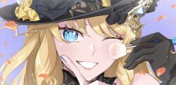 1girl black_gloves black_hat blonde_hair blue_eyes blue_nails clenched_teeth commentary falling_petals floating_hair flower genshin_impact gloves hat hat_flower holding index_finger_raised long_hair looking_at_viewer navia_(genshin_impact) one_eye_closed petals purple_background shiba_(tonari_no_shiba_inu) simple_background single_glove smile solo teeth yellow_flower