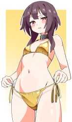 1girl absurdres belt_collar bikini bikini_bottom_lift black_hair blush border breasts closed_mouth collar commentary cowboy_shot gold_bikini gradient_background groin highres kono_subarashii_sekai_ni_shukufuku_wo! looking_at_viewer megumin navel noyama_takenoko outside_border pout red_eyes short_hair_with_long_locks side-tie_bikini_bottom small_breasts solo string_bikini swimsuit white_border yellow_background