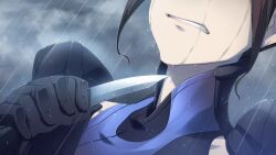 1girl bare_shoulders black_gloves blade_to_throat blue_bodysuit bodysuit breasts brown_hair clenched_teeth close-up clothing_cutout cloud cloudy_sky collarbone covered_collarbone crying dutch_angle exoskeleton frown fukuda_tomonori game_cg gloves grey_sky hair_over_eyes hair_over_shoulder helmet highres holding holding_helmet holding_knife imminent_suicide indoors knife large_breasts long_hair mature_female medium_breasts non-web_source official_art outdoors own_hands_clasped own_hands_together parted_bangs rain robotics;notes senomiya_misaki shaded_face shoulder_cutout sky solo streaming_tears tearing_up tears teeth vertical-striped_bodysuit water_drop wet_face