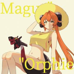 1girl absurdres black_horns blush breasts character_name crop_top dragon_girl dragon_horns dragon_tail hat highres horns kannaoowo long_hair looking_at_viewer medium_breasts midriff navel orange_hair orange_pupils orpheus_(zenless_zone_zero) panties parted_lips pointy_ears sun_hat tail tank_top underwear yellow_panties zenless_zone_zero
