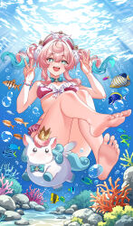 Rule 34 | 1girl, aqua eyes, aqua hair, barefoot, bikini, bracelet, breasts, commentary, coral, double w, drill hair, feet, feng shao kky (arj0522), fish, hat, highres, honkai: star rail, honkai (series), hyacine (honkai: star rail), jewelry, little ica (honkai: star rail), looking at viewer, multicolored hair, open mouth, pegasus, pink hair, red bikini, red hat, small breasts, smile, soles, swimsuit, toes, twin drills, twintails, two-tone hair, underwater, w