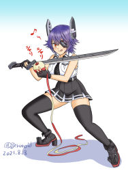 1girl apple apple_peel black_gloves black_skirt black_thighhighs breasts checkered_clothes checkered_neckwear commentary_request dated eyepatch food fruit full_body geru gloves gradient_background headgear kantai_collection large_breasts one-hour_drawing_challenge partially_fingerless_gloves peeling pleated_skirt purple_hair shirt short_hair skirt sleeveless sleeveless_shirt solo standing sword tenryuu_(kancolle) thighhighs twitter_username weapon white_background yellow_eyes