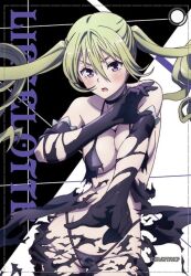 blonde_hair blush breasts exploding_clothes gloves highleg highleg_panties large_breasts lieselotte_sherlock long_hair official_art open_mouth panties purple_eyes trinity_seven underwear