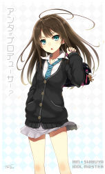 10s 1girl ahoge aqua_eyes bad_id bad_pixiv_id bag blazer blush brown_hair cardigan character_name chestnut_mouth copyright_name earrings female_focus highres idolmaster idolmaster_cinderella_girls jacket jewelry long_hair looking_at_viewer necklace necktie open_mouth over_shoulder pleated_skirt school_uniform shibuya_rin signature skirt solo tel-o translated