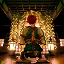 Rule 34 | 1boy, absurdres, architecture, arms behind back, backlighting, bdsm, beads, black nails, black pants, blue jacket, bondage, bound, bound arms, buddhism, commentary, cushion, earrings, east asian architecture, facing away, from behind, full body, harai kuko, highres, hoop earrings, hypnosis mic, indoors, jacket, jewelry, lantern, male focus, multicolored jacket, multiple earrings, palms together, pants, par., prayer beads, red hair, red rope, reverse prayer, rope, seiza, shibari, shibari over clothes, short hair, signature, sitting, socks, solo, statue, symbol-only commentary, tabi, two-tone jacket, very short hair, white jacket, white socks, wooden ceiling, wooden floor, zabuton