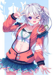 &gt;_o 1girl 9-nine- :3 ;d ahoge arm_at_side blue_background blue_skirt blush braid breasts butterfly_hair_ornament cardigan casual center_frills collarbone commentary cowboy_shot crop_top frilled_skirt frills grey_hair hair_between_eyes hair_ornament hair_scrunchie hand_up happy highres jewelry long_hair looking_at_viewer mate_(oktavia1121) medium_breasts miniskirt navel necklace niimi_sora official_alternate_costume one_eye_closed open_cardigan open_clothes open_mouth outstretched_hand pleated_skirt print_scrunchie purple_eyes red_cardigan red_scrunchie scrunchie shirt side_ponytail sidelocks simple_background single_braid skirt sleeves_past_wrists smile solo star_(symbol) star_print v-shaped_eyebrows waving white_shirt