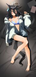 1girl ahoge alternate_costume animal_ears back barefoot black_hair blue_bra blush bra breasts cleavage collarbone commentary_request drawstring earrings feet full_body grey_hoodie hair_between_eyes heart heart_ahoge highres hood hood_down hoodie horse_ears horse_girl horse_tail jewelry komb long_hair long_sleeves lying manhattan_cafe_(umamusume) multicolored_hair on_back on_bed open_clothes open_hoodie parted_lips puffy_long_sleeves puffy_sleeves single_earring small_breasts solo streaked_hair tail umamusume underwear very_long_hair white_hair zipper