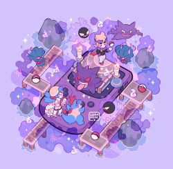 Rule 34 | 1boy, 1girl, artist name, black sweater, blonde hair, blush, candle, closed mouth, commentary, croconaw, fire, gastly, gen 1 pokemon, gen 2 pokemon, gengar, haunter, headband, kris (pokemon), leaphere, misdreavus, morty (pokemon), nintendo, pants, poke ball, poke ball (basic), pokemon, pokemon (creature), pokemon gsc, pokemon hgss, purple headband, rock, shoes, smile, sparkle, standing, star (symbol), sweater, togepi