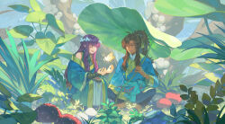 2boys absurdres antenna_hair arm_at_side blue_footwear blue_pants blue_tunic bracelet brown_footwear brown_hair brown_tabard bug commentary commission dark-skinned_male dark_skin ema3 eyebrow_piercing facing_animal flower flower_wreath freckles full_body gem gold_bracelet gold_necklace gold_ring gold_trim grass green_robe hair_between_eyes hair_ribbon han_(cae_(tarigenticae)) hand_up hands_up highres holding indian_style insect jewelry leigh_(cae_(tarigenticae)) long_hair long_sleeves looking_at_another male_focus moth multiple_boys mushroom nature necklace nose_piercing open_mouth original outdoors pants piercing plant ponytail purple_hair red_eyes red_gemstone ribbon ring robe rock second-party_source sidelocks sitting skeb_commission smile tabard teeth trap tree tunic upper_teeth_only white_flower wide_sleeves yellow_ribbon