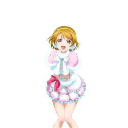 1girl blush brown_hair capelet clenched_hands earmuffs frilled_skirt frills gloves hands_up koizumi_hanayo looking_at_viewer love_live! love_live!_school_idol_festival love_live!_school_idol_project official_art open_mouth pink_capelet pink_ribbon purple_eyes ribbon shirt short_hair skirt smile snow_halation solo standing teeth transparent_background upper_teeth_only white_shirt yellow_ribbon