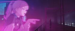 Rule 34 | 1boy, 1girl, black shawl, blade runner 2049, catwalk (walkway), coat, from side, highres, hologram, httwsn, k (blade runner 2049), lapwing (vrchat), looking at another, meme, open mouth, pink theme, pointing, pointing at another, ponytail, purple eyes, ryan gosling, shawl, standing, vrchat, you look lonely (meme)