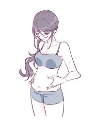 Rule 34 | 1girl, bare arms, bare shoulders, belly, belly grab, blush, boyshort panties, bra, breasts, cleavage, closed mouth, collarbone, commentary request, cowboy shot, cropped legs, glasses, grey bra, gyosite, hair between eyes, highres, hoshimi junna, long hair, looking at self, looking down, low side ponytail, medium breasts, navel, purple hair, shoujo kageki revue starlight, side ponytail, sidelocks, simple background, solo, standing, sweat, underwear, underwear only, weight conscious, white background