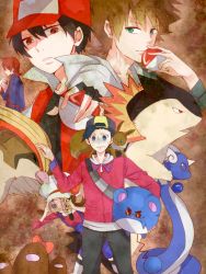 1girl 4boys blue_oak creatures_(company) dragonair dugtrio eevee ethan_(pokemon) game_freak gen_1_pokemon gen_2_pokemon lyra_(pokemon) marill multiple_boys nintendo pidgeot pokemon pokemon_hgss red_(pokemon) silver_(pokemon) typhlosion