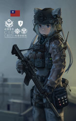 1girl animal_ears assault_rifle black_gloves blue_eyes chinese_commentary chinese_text combat_helmet commentary_request ears_through_headwear fang_zhenjun gloves grey_hair grey_jacket grey_pants gun headphones helmet holding holding_gun holding_weapon holster jacket microphone military original pants republic_of_china_flag rifle s.w.a.t. tactical_clothes taiwan thigh_holster translation_request walkie-talkie weapon