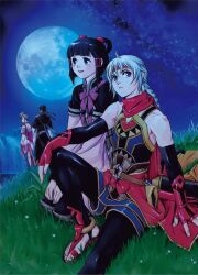 2boys 2girls black_hair fingerless_gloves freyjadour_falenas fujita_kaori gensou_suikoden gensou_suikoden_v georg_prime gloves headband lyon_(suikoden) moon multiple_boys multiple_girls night night_sky official_art scan sialeeds_falenas sitting sky smile white_hair