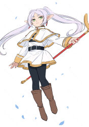 1girl belt belt_buckle black_belt black_pantyhose black_shirt boots buckle capelet collared_capelet commentary_request coula_cat dot_nose earrings elf falling_petals floating floating_hair frieren full_body gold_earrings gold_sleeve_cuffs gold_trim green_eyes grey_hair high_collar highres holding holding_staff jewelry knee_boots large_ears leather leather_boots long_sleeves looking_at_viewer mage_staff miniskirt pantyhose petals pointy_ears shirt sidelocks simple_background skirt skirt_set solo sousou_no_frieren staff striped_clothes striped_shirt thick_eyebrows twintails white_background white_capelet white_shirt white_skirt