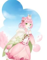 Rule 34 | 1girl, blue sky, blunt bangs, blunt ends, border, bow, brown ribbon, character request, cherry blossom print, cherry blossoms, cloak, cloud, commentary request, cowboy shot, creature on head, day, dress, expressionless, eyelashes, floral print, flower, food, food-themed creature, food in mouth, frilled dress, frilled sleeves, frills, green eyes, hair bun, hair flower, hair ornament, hair ribbon, highres, hood, hood down, hooded cloak, kirina zero, layered dress, leaf, long sleeves, miracle nikki, mochi, neck ribbon, nikki (series), outdoors, outside border, parted bangs, pink bow, pink dress, pink flower, pink hair, red ribbon, ribbon, sakura mochi, short dress, short hair, single side bun, single stripe, sky, solo, spring (season), standing, striped bow, tassel, tree, wagashi, waist bow, white border, white cloak
