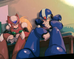 Rule 34 | 2boys, android, armor, blonde hair, blue armor, blue eyes, blue helmet, chest jewel, commentary request, crying, forehead jewel, green eyes, helmet, long hair, male focus, mega man (series), mega man x (series), multiple boys, on chair, pakuta, red armor, red helmet, sitting, tears, x (mega man), zero (mega man)