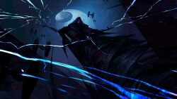 Rule 34 | 1boy, black hood, black robe, colored skin, death star, dominik mayer, electricity, electrokinesis, grey skin, highres, hooded robe, open mouth, palpatine, robe, solo, star wars, tie fighter